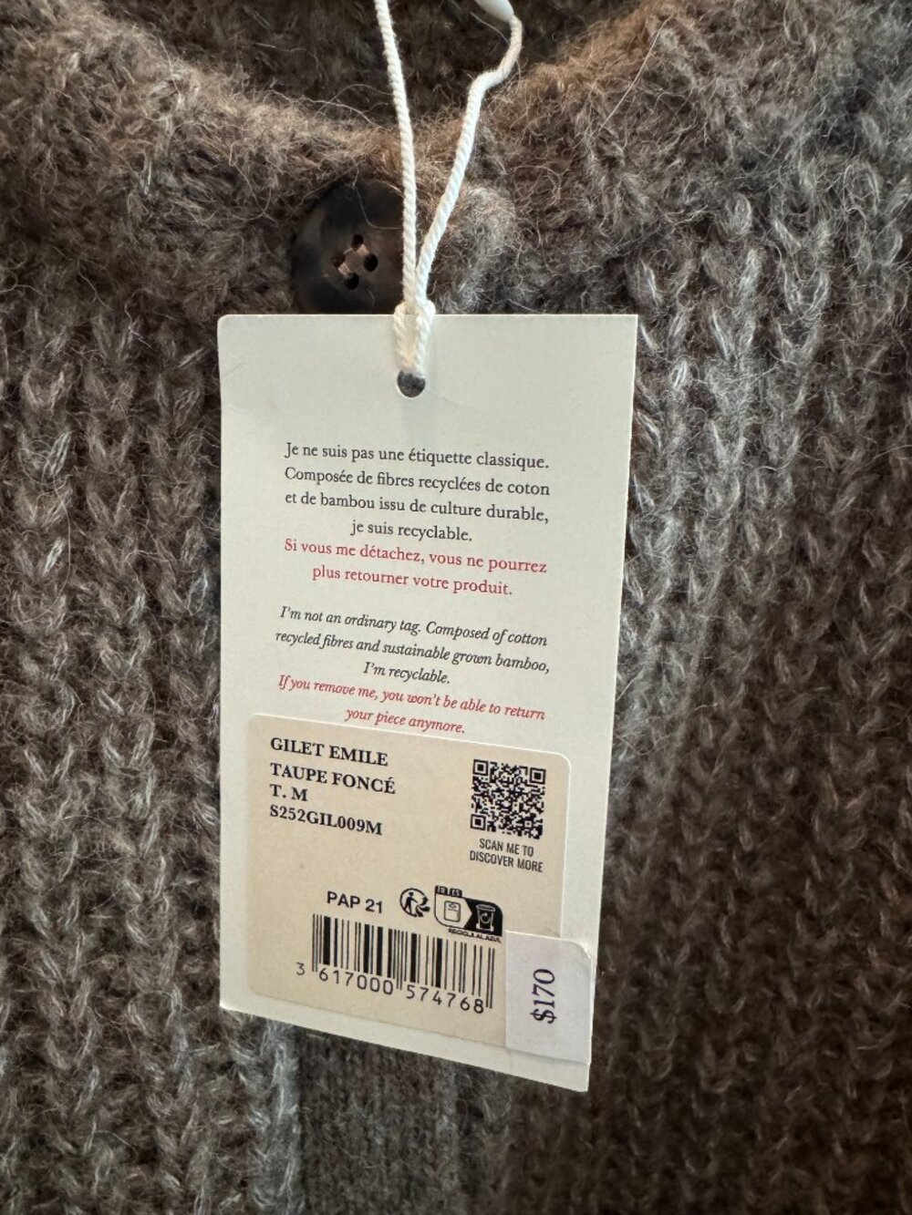 Sezane, Emile Cardigan, Dark Taupe, Size Medium - Picture 2 of 3